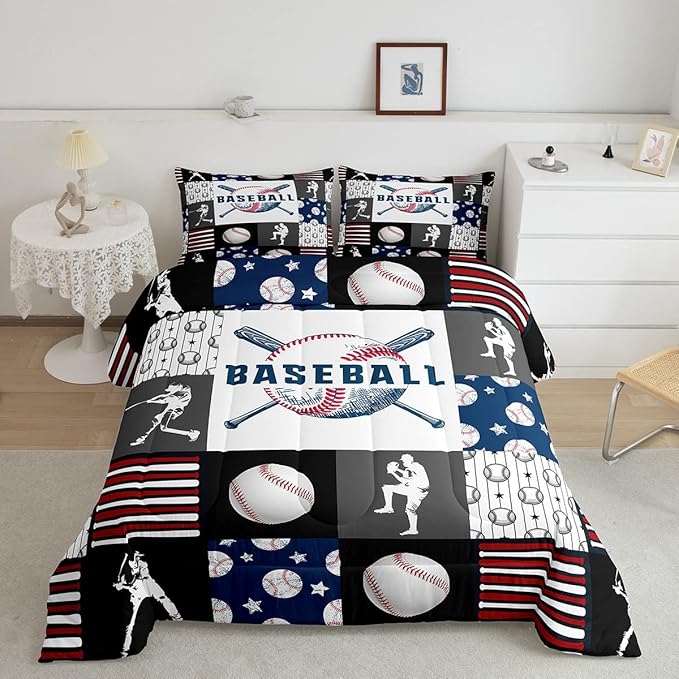 Teen Boy Sports Baseball Twin Bedding Set,Kids Baseball Athlete Comforter Set,Grunge Hippie Tie Dye Ball Bed Comforter Sets Room Decor Patchwork Pattern 1 Pillow Case（Red Blue Black White Grey）