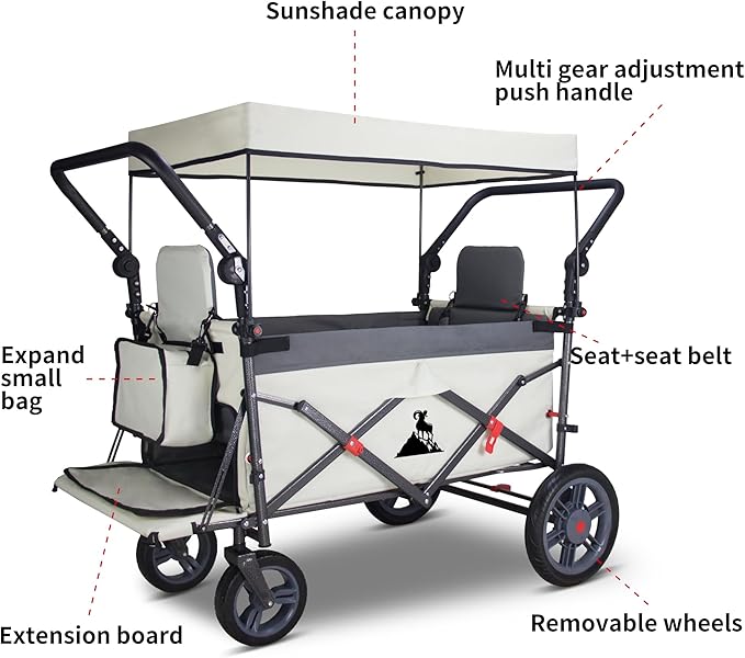 Foldable Wagon with Canopy - Collapsible Utility Cart with 2 Seats & Belts, Adjustable Handle, Expandable Front for Camping, Picnic, Shopping (Beige/Grey)