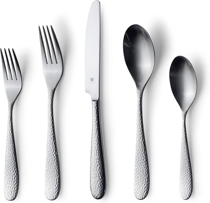 Matte Silverware Set, 18/10 Stainless Steel Satin Flatware, Modern Brushed Finish Cutlery, Dishwasher Safe & Durable, Built to Last (60-Piece, Fidenza Hammered)