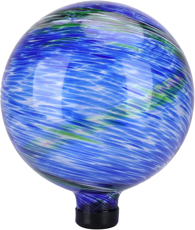 VCUTEKA Glass Outdoor Gazing Globe, Blue and Green Hand Painted Swirled Sphere for Patio Garden Gazing Ball Yard Ornament, 10 Inch