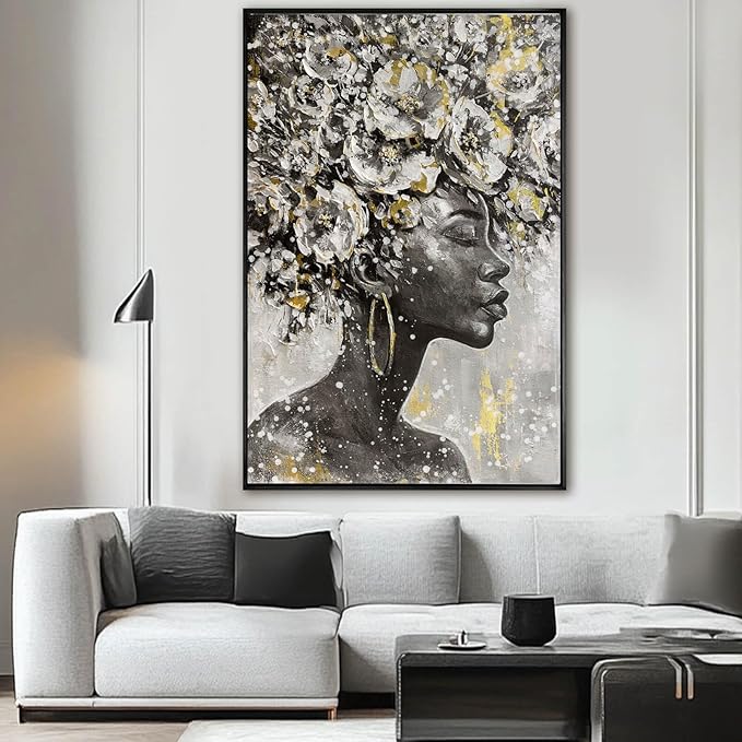 Large Black and Gold African American Wall Art with Framed Black Woman Office Bedroom Living Room Poster Home Hanging Decor 32x48 Inch