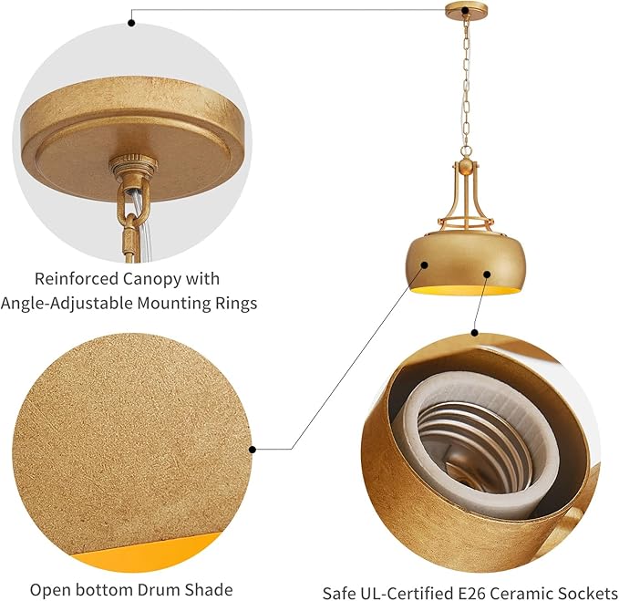 WUZUPS Chandelier Rustic Farmhouse Industrial Round Ceiling Pendant LED Light Fixture with Open Bottom Drum Shade, H 15.7" x W 13.4", Antique Gold