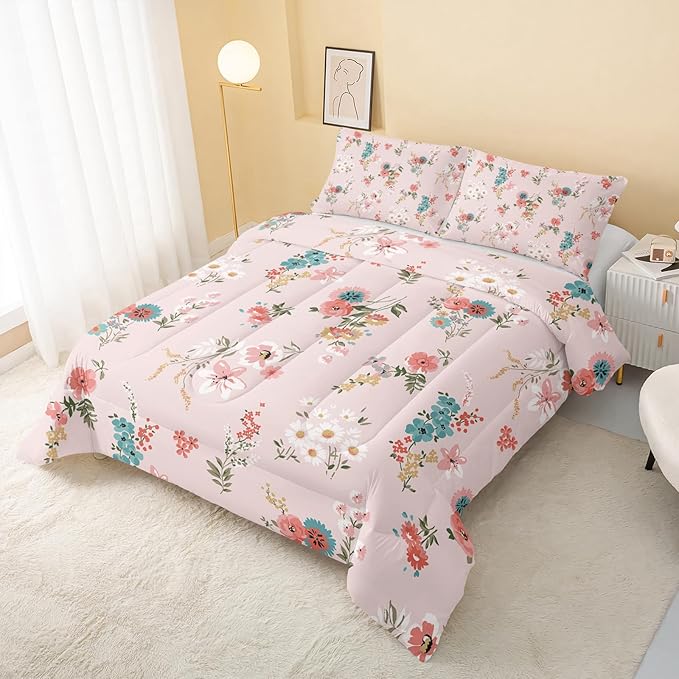 Floral Comforter Twin Size,Pink Floral Kids Comforter Set,3Pcs Bedding Set Printed Comforter with 2 Pillowcases,Down Alternative,Soft and Lightweight,for All Seasons