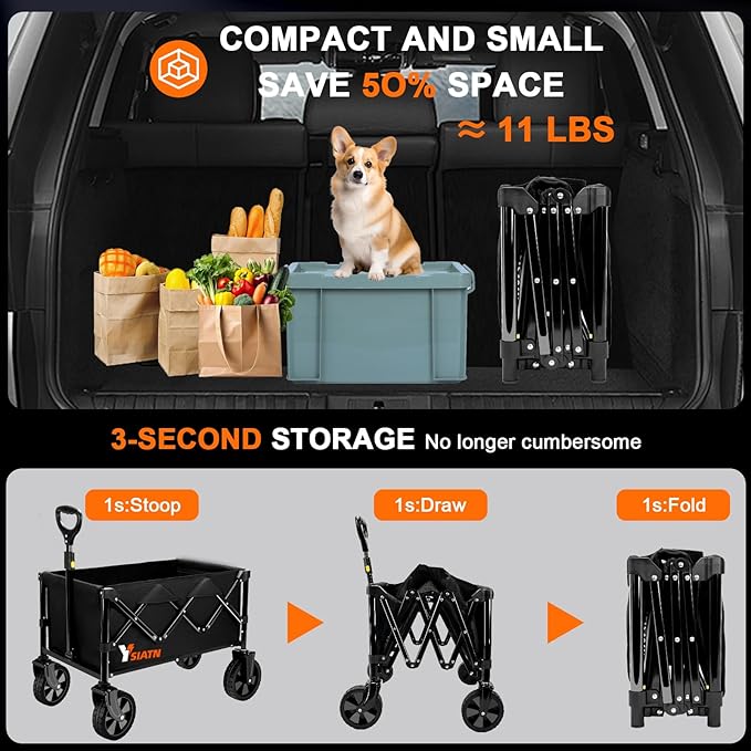 Collapsible Wagon with All Terrain Wheels, Large Grocery Cart On Wheels, 220LBS Utility Folding Wagon for Camping Shopping Beach Sports Fishing, Black