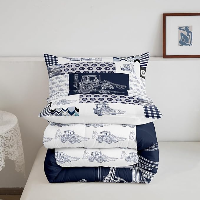 Kids Construction Comforter Set Full Size Equipment Trucks Bedding Set for Boys Cartoon Car Excavator Tractor Comforter Construction Vehicles Plaid Grid Blue and White Duvet Set