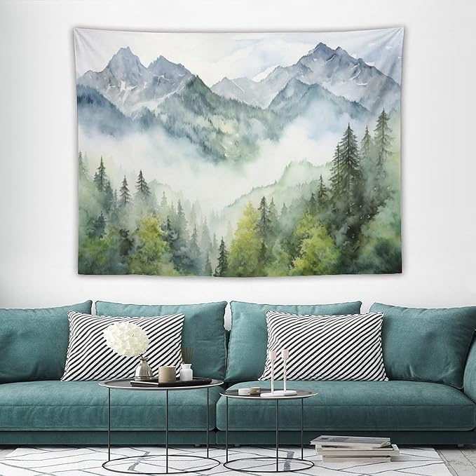 HZOHNAGO Mountain Tapestry Misty Green Forest Mountain Pattern Printed Wall Tapestry Wall Hanging for Bedroom Living Room Dorm 80" W x 60" H