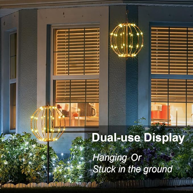 LIGHTSHARE 10IN 48LED Light Ball Yard Decoration Pathway Lights Sphere Light with Fold Flat Metal Frame Indoor Outdoor Waterproof Garden Lights, Brown Frame / Warm White Lights, 10