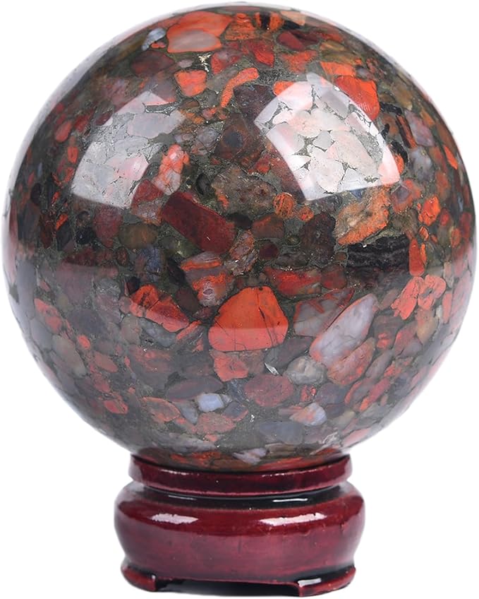 JIC Gem Brazilian Red Agate Crystal Sphere Gemstone Sphere Red Healing Crystal Ball with Display Stand Home Decor Meditation Grid Energy Balance (80-90mm)
