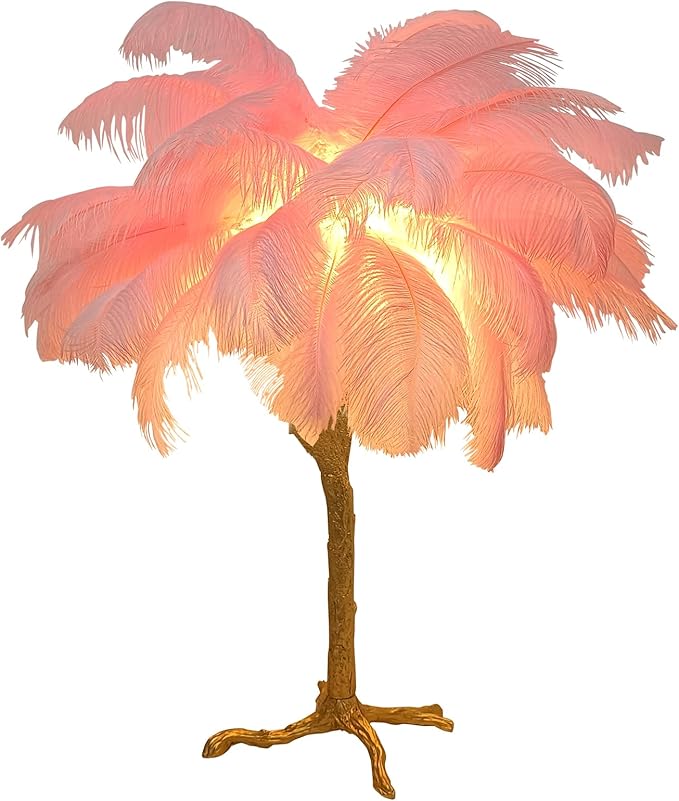 Ostrich Feather Desk Lamp Bedside Pink Cute Lamp Gold Resin Table Lamp, Coconut Tree Feather Lamp for Bedroom Living Room Hallway Wedding Girls Bedroom Night Light G4 Base