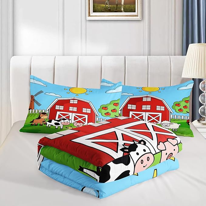 Farm Animals Comforter,Farmhouse Comforter Set for Kids Teens Girls Boys,Cartoon Animals 3Pcs Bedding Set Printed Comforter with 2 Pillowcases,Down Alternative,Soft and Lightweight，Twin Size