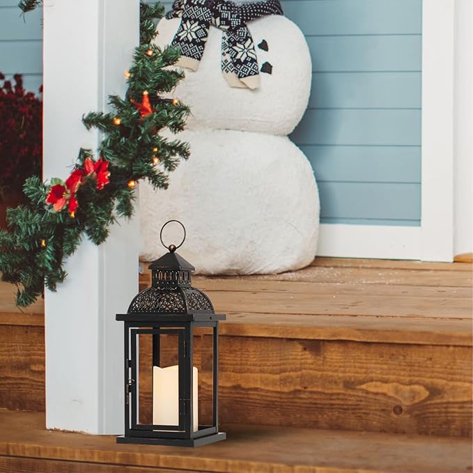 DECORKEY No Glass Lanterns Decorative Indoor & Outdoor, 15'' Candle Lantern Decorative Christmas Indoor Outdoor Decor, Vintage Metal Hanging Lanterns with LED Candle for Patio, Front Porch,Yard, Table