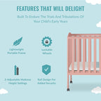 2-in-1 Portable Folding Stationary Side Crib in Dusty Pink, Greenguard Gold Certified, Two Adjustable Mattress Height Positions,Made of Solid Pinewood, Flat Folding Crib