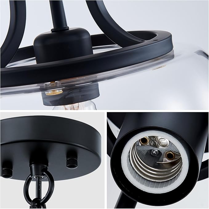 WUZUPS Chandelier Rustic Farmhouse Industrial Round Ceiling Pendant LED Light Fixture with Clear Glass Shades for Dining Room Kitchen Island Foyer Entryway, H 13" x W 10", E26 Base, Black