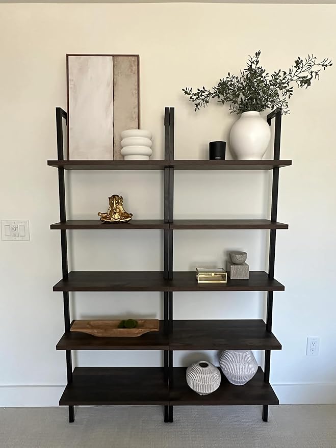 Nathan James Theo 5-Shelf Wood Modern Bookcase, Open Wall Mount Ladder Bookshelf with Industrial Metal Frame, Dark Brown Nutmeg/Black