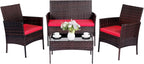 Patio Furniture Set 4 Pieces Conversation Sets Outdoor Wicker Rattan Chairs Garden Backyard Balcony Porch Poolside Loveseat with Soft Cushion and Tempered Glass Table(Brown/Red)