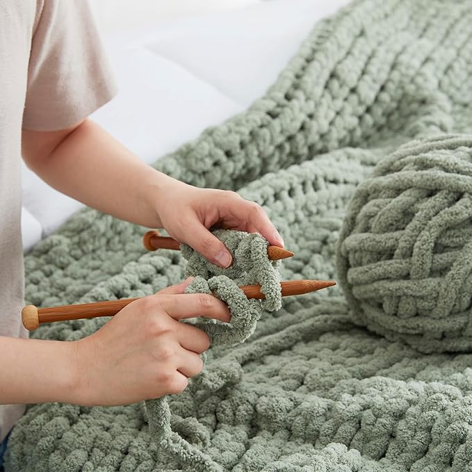Amélie Home Chunky Knit Throw Blanket for Couch, Soft Chenille Crochet Blanket for Kids, 30"x40", Sage Green