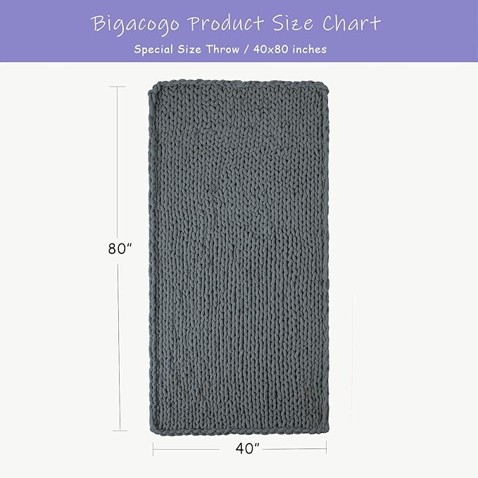 Bigacogo Chunky Knit Throw Blanket for Couch, 40x80 inches, 100% Hand Knitted with Thick Jumbo Chenille Yarn, Cozy Soft Large Rope Knot Cable Crochet Blankets for Sofa Bed Living Room, Iron Gray
