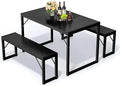 Bealife Dining Table Set for 4 with Metal Frame and MDF Board - Black | Space Saving Kitchen Table with 2 Benches, Kitchen Table Set for Apartment, Dining Room, Breakfast Nook