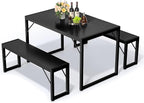 Bealife Dining Table Set for 4 with Metal Frame and MDF Board - Black | Space Saving Kitchen Table with 2 Benches, Kitchen Table Set for Apartment, Dining Room, Breakfast Nook