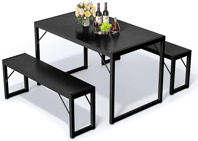 Bealife Dining Table Set for 4 with Metal Frame and MDF Board - Black | Space Saving Kitchen Table with 2 Benches, Kitchen Table Set for Apartment, Dining Room, Breakfast Nook