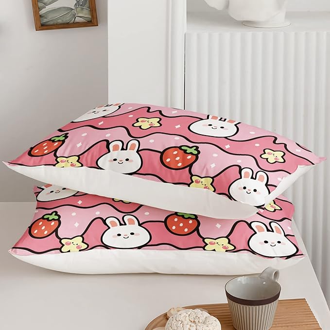 Kawaii Rabbit Comforter,Strawberry Rabbit Comforter Set for Kids Teens Girls,3Pcs Bedding Set Printed Comforter with 2 Pillowcases,Down Alternative,Soft and Lightweight(Pink，Queen Size)