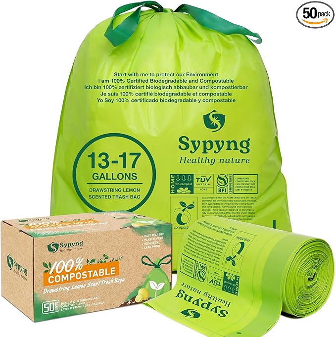 13-17 Gallon Compostable Trash Bags (50-Pack) Heavy-Duty & Durable, 1.1 Mil Thick | 100% Biodegradable for Large Bins | Certified ASTM D6400, BPI & OK Compost HOME, Eco-Friendly & Recyclable