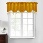 Warm Gold Autumn Tassel Velvet Valances Curtains 52x18 Inch 2 Panels | Rod Pocket Scalloped Tier Curtains, Light Dimming Privacy Protect Window Drapes for Cafe, Holiday Fall Decor