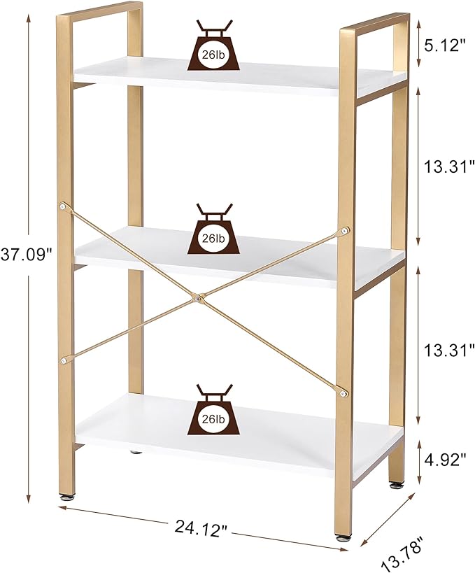 BEWISHOME 3 Tier Bookshelf, Modern Small Book Shelf for Small Spaces, White Gold Wooden Shelves for Bedroom Living Room and Home Office, 13.78" D x 24.12" W x 37.09" H, JCJ42M