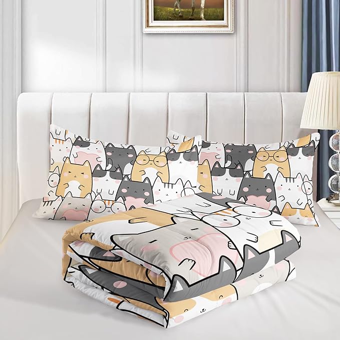 Kawaii Cat Comforter Full Size,Cats Comforter Set for Kids Teens Girls Boys,3Pcs Bedding Set Printed Comforter with 2 Pillowcases,Down Alternative,Soft and Lightweight，Full Size