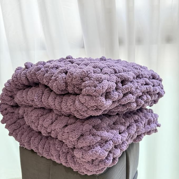 Chunky Knit Blanket Throw 40"×40", Chenille Throw Blankets, Handmade Warm & Cozy Blanket Couch Bed Home Decor, Soft Breathable Fleece Banket, Christmas for Couch Bed Sofa Best Gift (Purple)