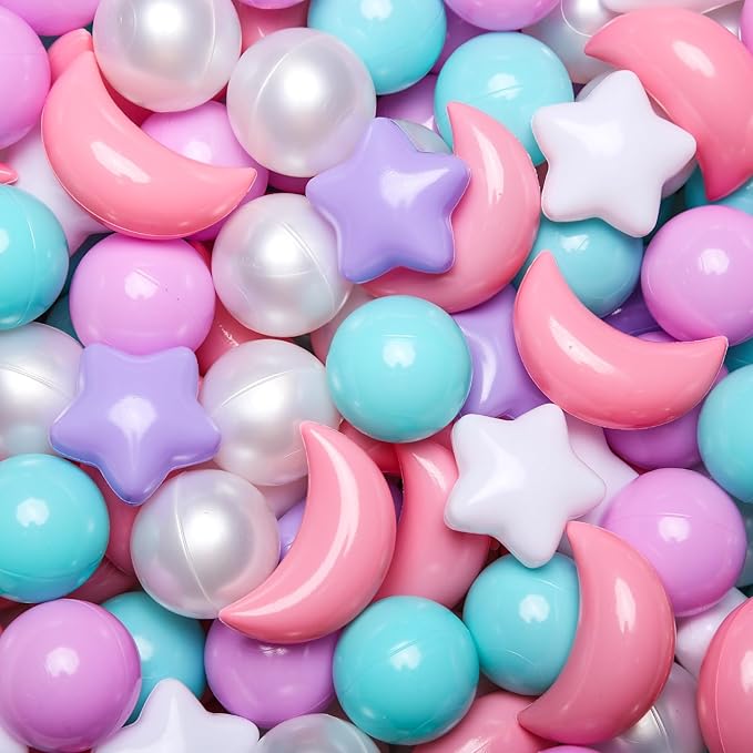 GOGOSO Ball Pit Balls Stars Moon Shapes Plastic Pitballs for Toddler Play Tent Baby Photo Props Kids Pool Water Toys Kiddie Pool Party Decor,Pink+Green+Purple+Pearl White,100PCS