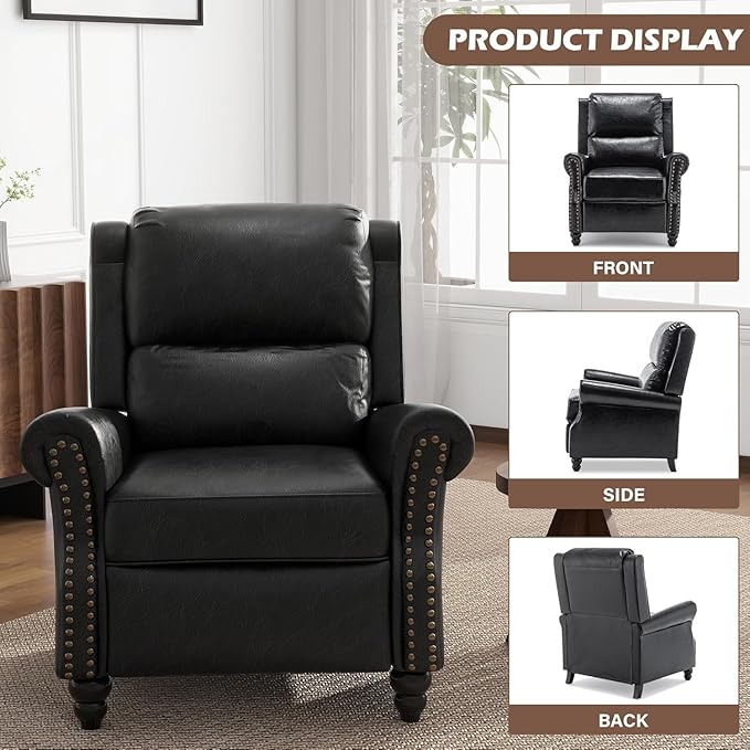 UIXE Pushback Recliner Chair, PU Leather Armchair Push Back Accent Chair for Living Room, Rivet Trim Club Chair Home Theater Overstuffed Single Sofa Bedroom Reading Seat - Black
