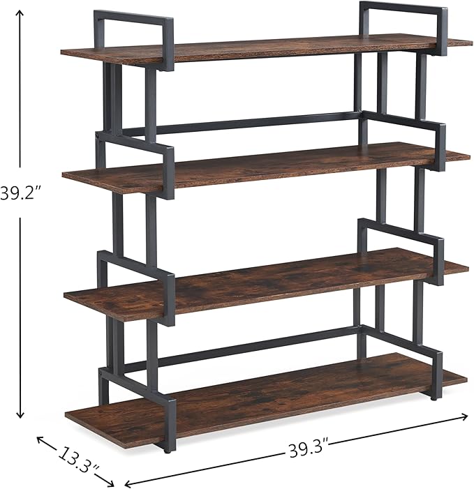 4-Tier Bookshelf-Industrial Bookcase, Rustic Open Book Shelf, Vintage Freestanding Bookshelves, Metal Frame and Solid Wood, Living room, Office, Bedroom Storage