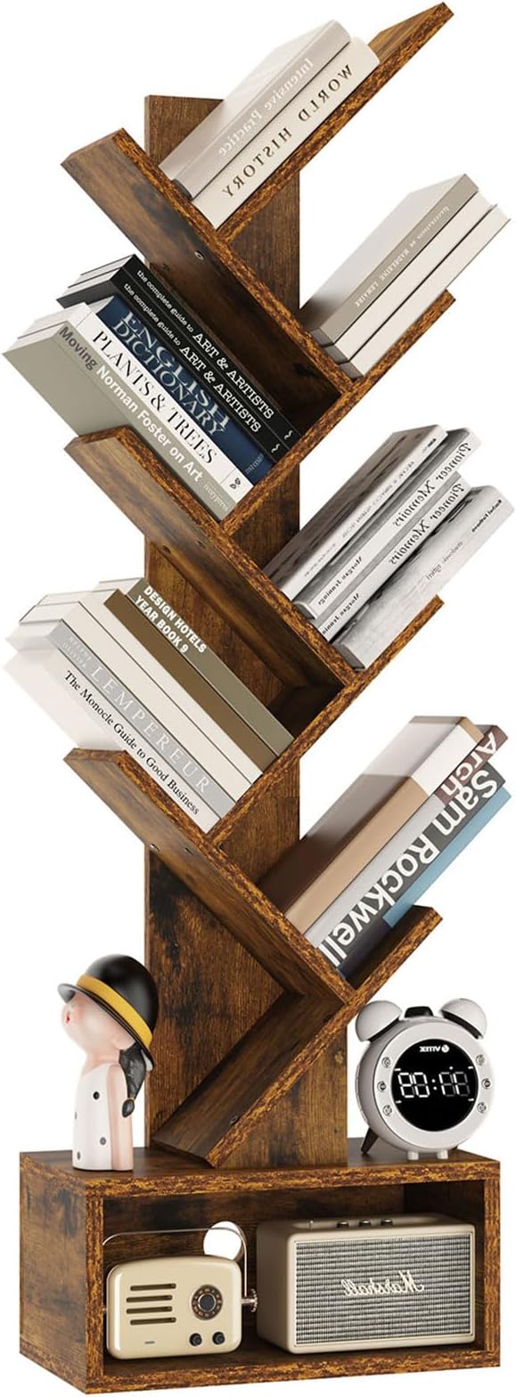 YMYNY 6 Tier Tree Bookshelf, Tall Bookcase, Wood Book Storage Rack with Drawer, Modern Floor Standing Book Shelf for Books/Movies/CDs, Utility Organizer for Living Room, Office, Rustic Brown UHBC016H