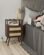 Rattan Nightstand with Charging Station,Modern Bedside Table with 2 Storage Drawer and Open Wood Shelf, for Bedroom and Small Spaces,Night Stand with Solid Wood Legs (Walnut Brown)