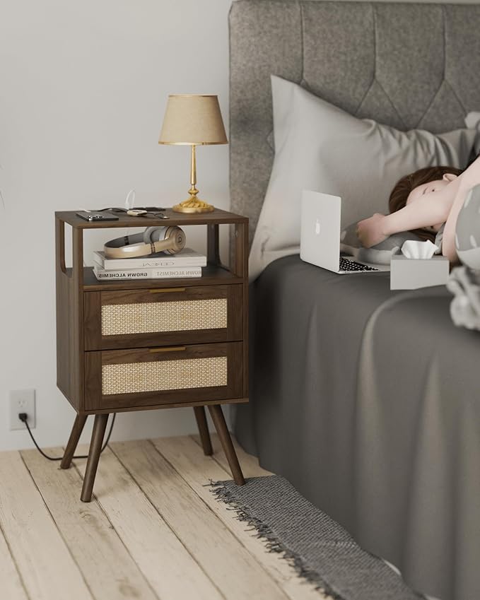 Rattan Nightstand with Charging Station,Modern Bedside Table with 2 Storage Drawer and Open Wood Shelf, for Bedroom and Small Spaces,Night Stand with Solid Wood Legs (Walnut Brown)