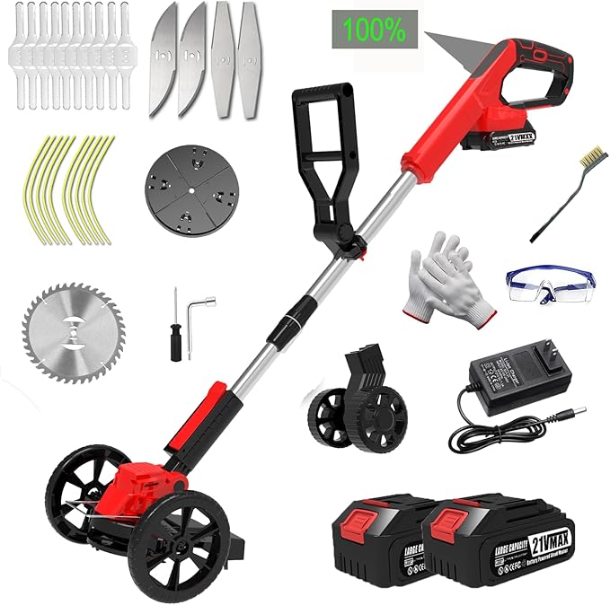 Electric Weed Wacker Cordless Eater Battery Powered String Trimmer, with 2Pcs 21V Battery 5 Types Blades Lightweight Grass Trimmer Edger Lawn Tool, Push Wheeled No-String Trimmer for Garden Yard