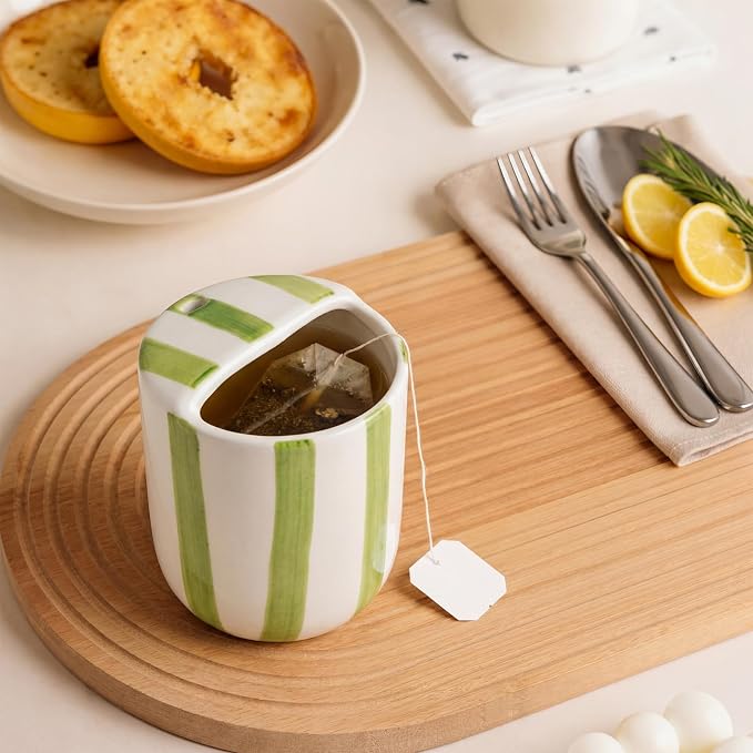 Ceramic Mug with Sip Hole 10 oz Novelty Green Striped Ceramic Coffee Mug Hand Painted Travel Mugs Heat Resistant Non Slip Built in One Lid Handcraft Mugs for Coffee Lovers Appreciation Gift