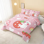 Strawberry Rabbit Comforter Set for Kids Teens Girls Women,Pink Bunny Kids Comforter,1 Comforter with 2 Pillowcase, Microfiber 3 Piece Bedding Set,for All Seasons(Pink，Full Size)