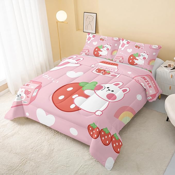 Strawberry Rabbit Comforter Set for Kids Teens Girls Women,Pink Bunny Kids Comforter,1 Comforter with 2 Pillowcase, Microfiber 3 Piece Bedding Set,for All Seasons(Pink，Twin Size)