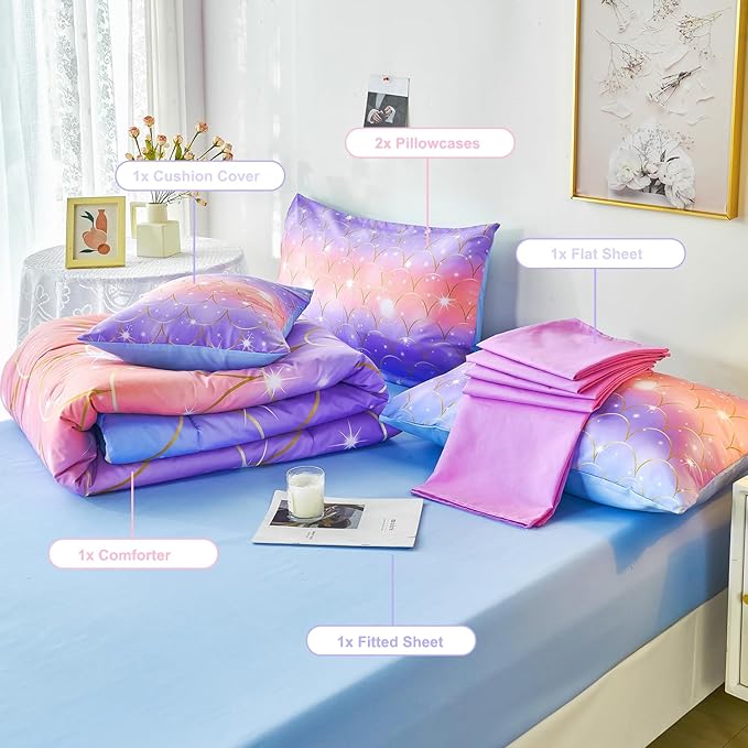 PERFEMET Purple Mermaid Twin Comforter Set for Girls, 6 Pieces Colorful Rainbow Twin Bedding Sets, Tie Dye Ombre Glitter Bed in A Bag Comforter Set with Sheets