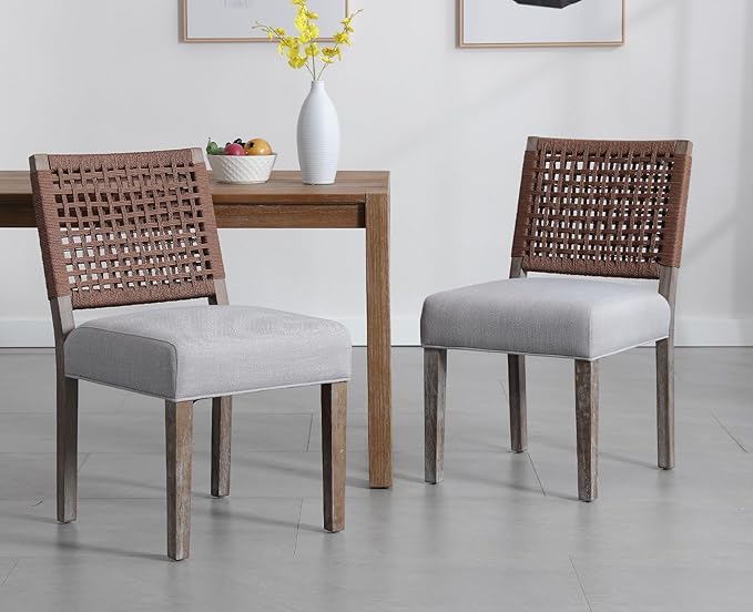 Kmax Farmhouse Dining Chairs Set of 4, Rustic Kitchen Chairs with Linen Fabric Seat and Woven Back, Vintage Accent Chairs for Dining Room, Living Room, Grey