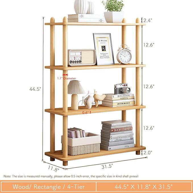 IOTXY 4-Tier Wooden Shelf Bookcase - Modern Open Bookshelf, Free Standing Storage Rack, Multifunctional Display Stand for Home and Office, Oak, Rectangle