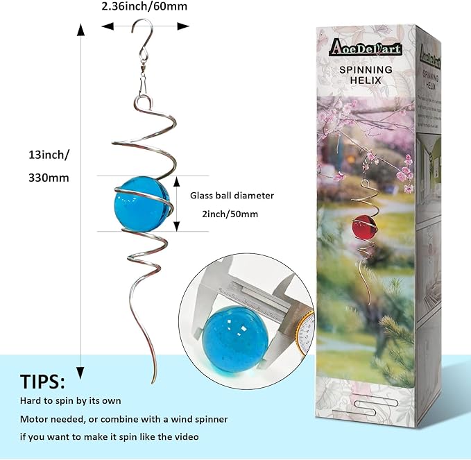 Gazing Ball Spiral Decorative Wind Spinner Tail with Blue Glass Orb,Wind Spinner Spiral Stabilizer,Hanging Visual Illusion in Spinning Yard Art Decor,Indoor Outdoor Garden Decoration-13 in