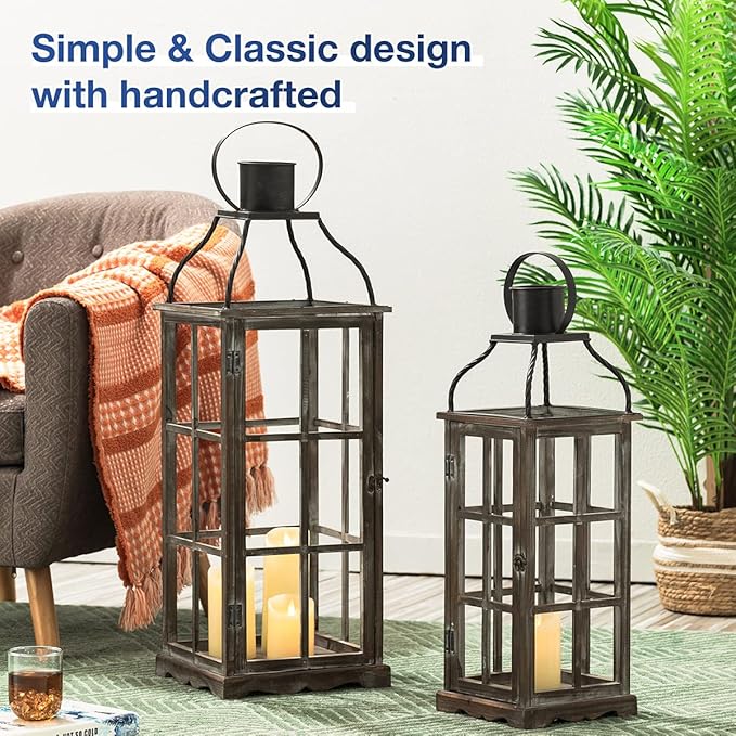 Glitzhome Farmhouse Oversized Wood Metal Lanterns Decorative Hanging Candle Lanterns Set of 2, Black (No Glass)