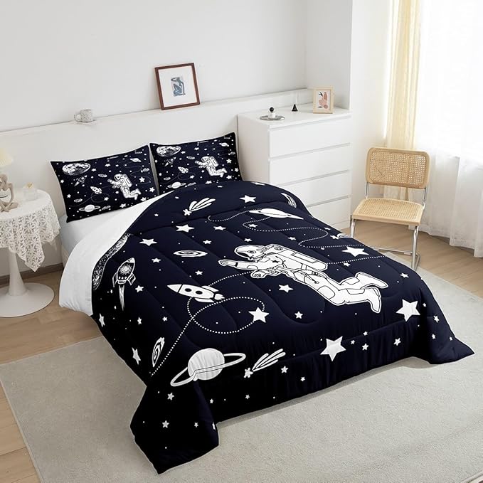 Feelyou Solar System Comforter Set Queen Size Outer Space Comforter for Kids Teens Adults Universe Planets Bedding Set Cute Astronaut Blue White Duvet Set Room Decor 3Pcs with 2 Pillow Case