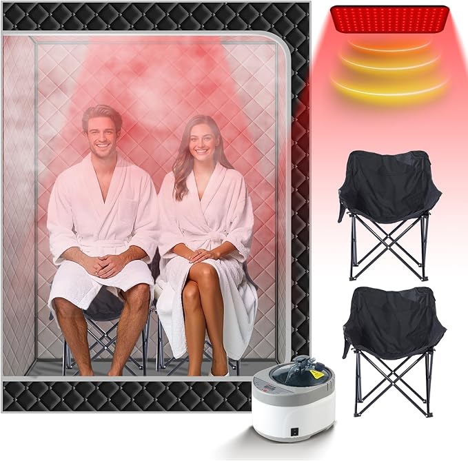 Smartmak 2 Person Portable Steam Infrared Sauna Box with 660nm Red Light Therapy Lamp for Home Relaxation, 4 L 1500W Steamer Extra Large Full Body Saunas Spa Tent, Remote Control, 2 Folding Chairs