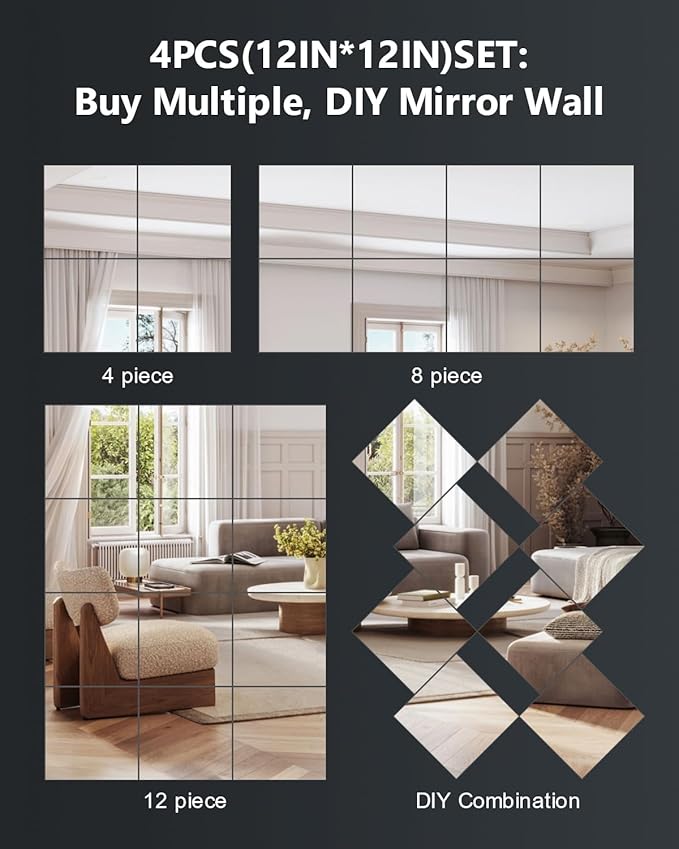 Full Length Wall Mirror Tiles, 12'' x 12'' x 4PCS, Acrylic Unbreakable Full Body Mirror for Bedroom Squares Shatterproof Mirror Sheets Wall Mounted for Home Gym Door Plexiglass Mirrors Safe for Kids
