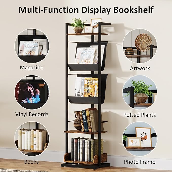 Bookshelf 5-Tier Book shelf: Tall Narrow Bookshelf Bookcase, Industrial Modern Sturdy Display Bookshelves for Small Spaces, Rustic Brown