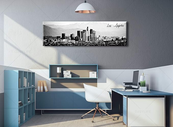 DJSYLIFE Los Angeles Skyline Wall Art Black and White USA Panoramic Cityscape Picture Canvas Prints Artwork for Bedroom Men Room Office Decoration Painting Ready to Hang 13.8"x47.3"